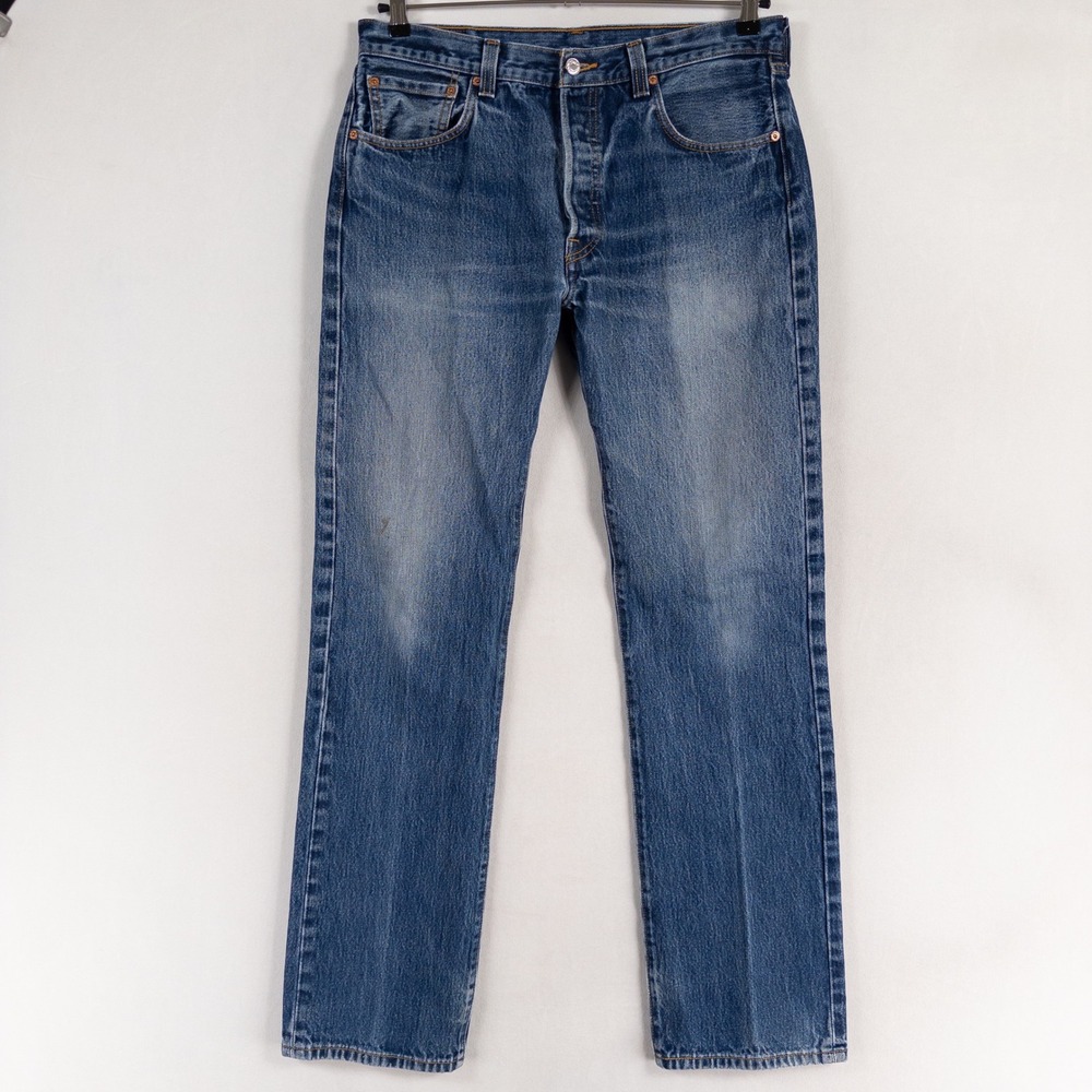 Levi Strauss 501 Jeans Men 34 x 34 Blue Denim Button Fly Straight Leg Distressed